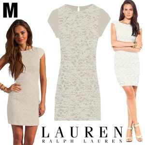 LAUREN RALPH LAUREN Cup Sleeve Lace Overlay Ivory White Dress MEDIUM
